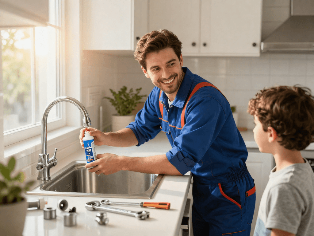 Professional plumber from Blue Moon Plumbing and Rooter repairing a kitchen sink, ensuring quality service.