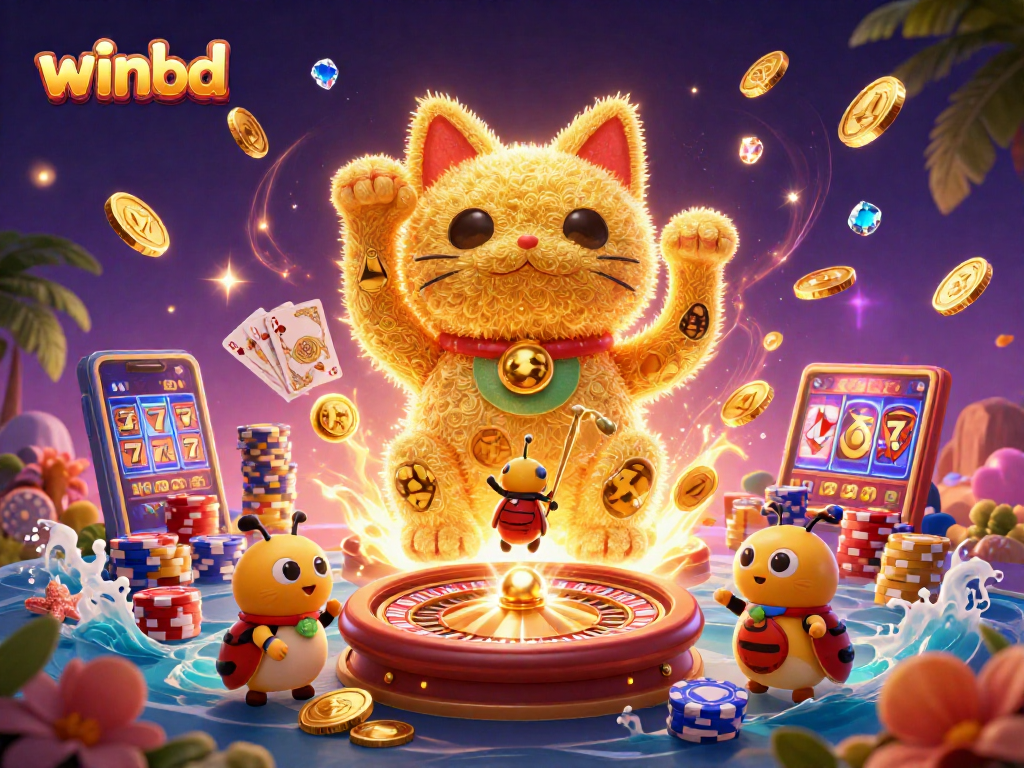 Winbd's colorful world of online gaming comes to life with vibrant casino elements and joyful characters.