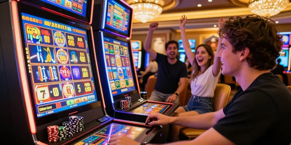 Exciting gaming experience at SIN88 with colorful slot machines and enthusiastic players.