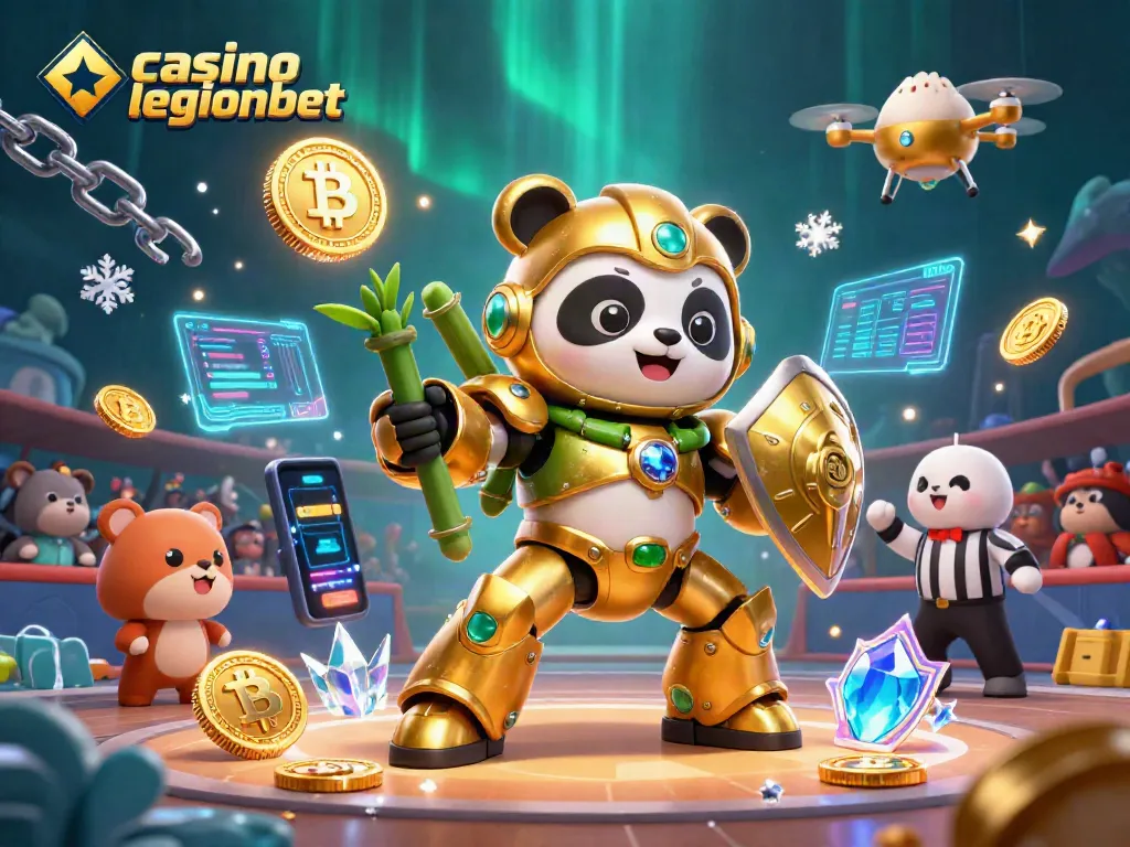 Experience the excitement at casino legionbet with vibrant 3D illustration featuring a mech-suit panda and crypto elements.
