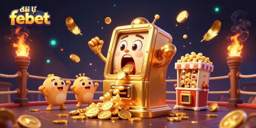 Engaging scene depicting đại lý febet with a cartoon golden slot machine celebrating a jackpot victory, surrounded by cheering baby slot machines and dynamic casino elements.