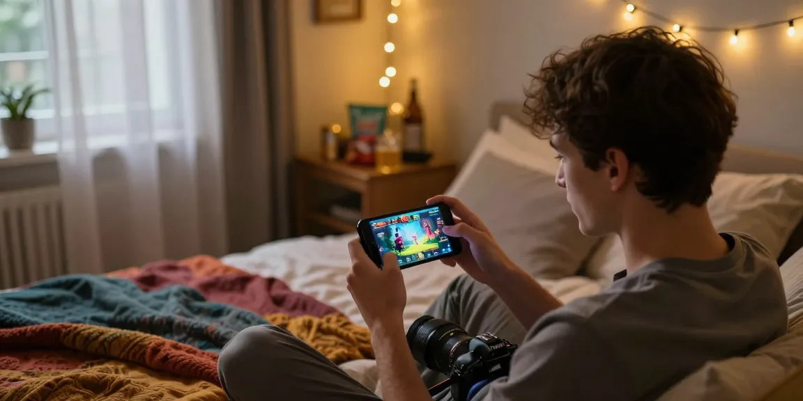 Engaged player enjoying a mobile porn game in a cozy bedroom setting.