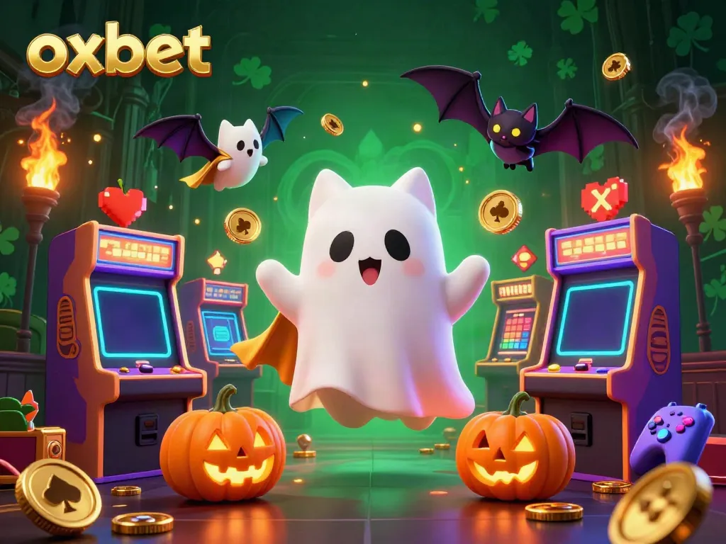 Experience thrilling gameplay at Oxbet with a haunted casino scene featuring a ghost cat and vibrant game elements.