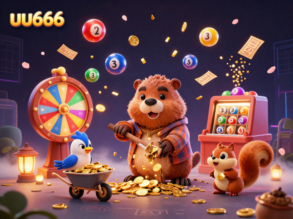 Engage in exhilarating gaming with uu666 as a beaver gathers golden treasures amidst vibrant lottery elements