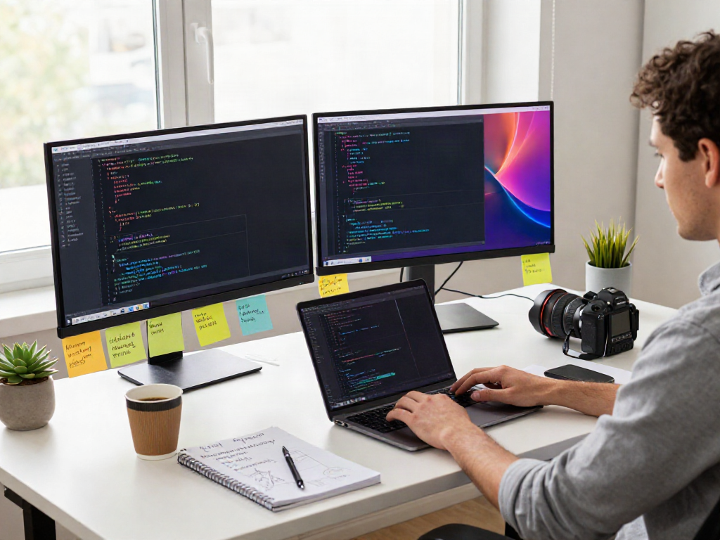 Developer at modern workspace optimizing instant indexing strategies with dual monitors and coding materials.