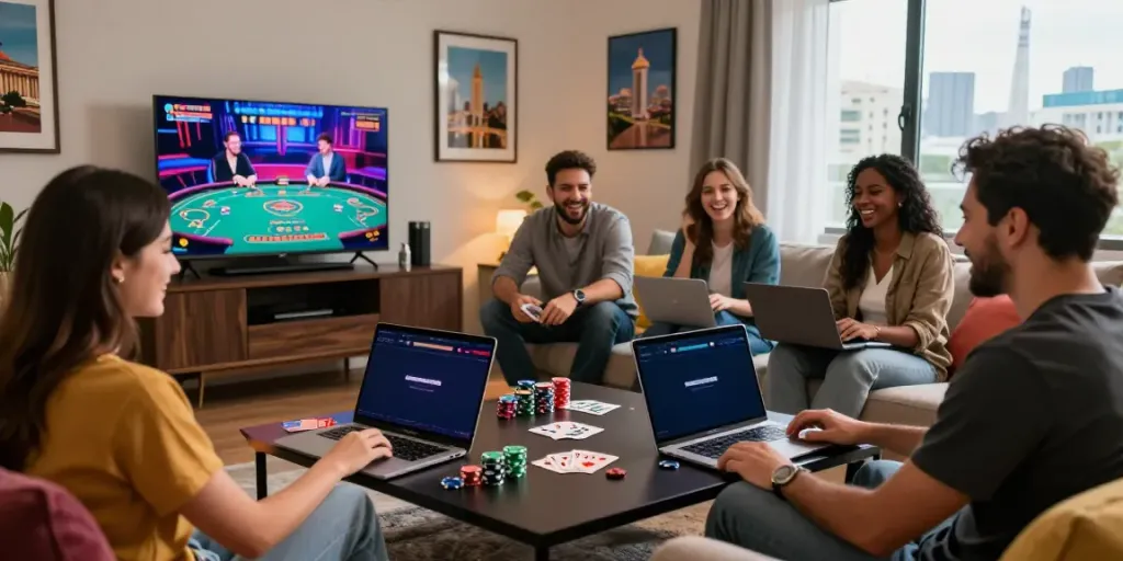 Friends engaging with non GamStop casinos in a stylish home lounge, showcasing laptops and gaming atmosphere.