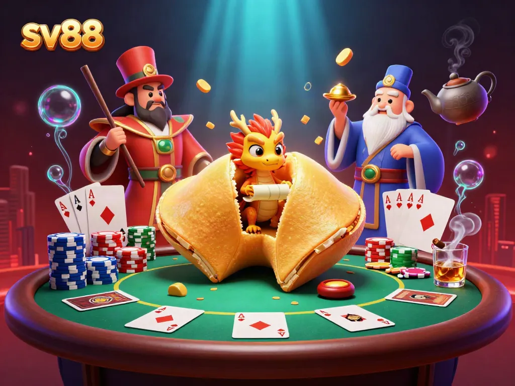 Experience the excitement of sv88 with a vibrant 3D casino scene featuring poker chips and golden treasure.