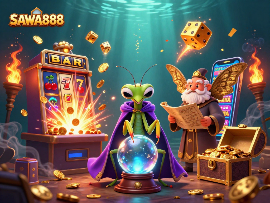 Spin winning jackpots and explore new slots at SAWA888 casino platform with vibrant 3D illustration.