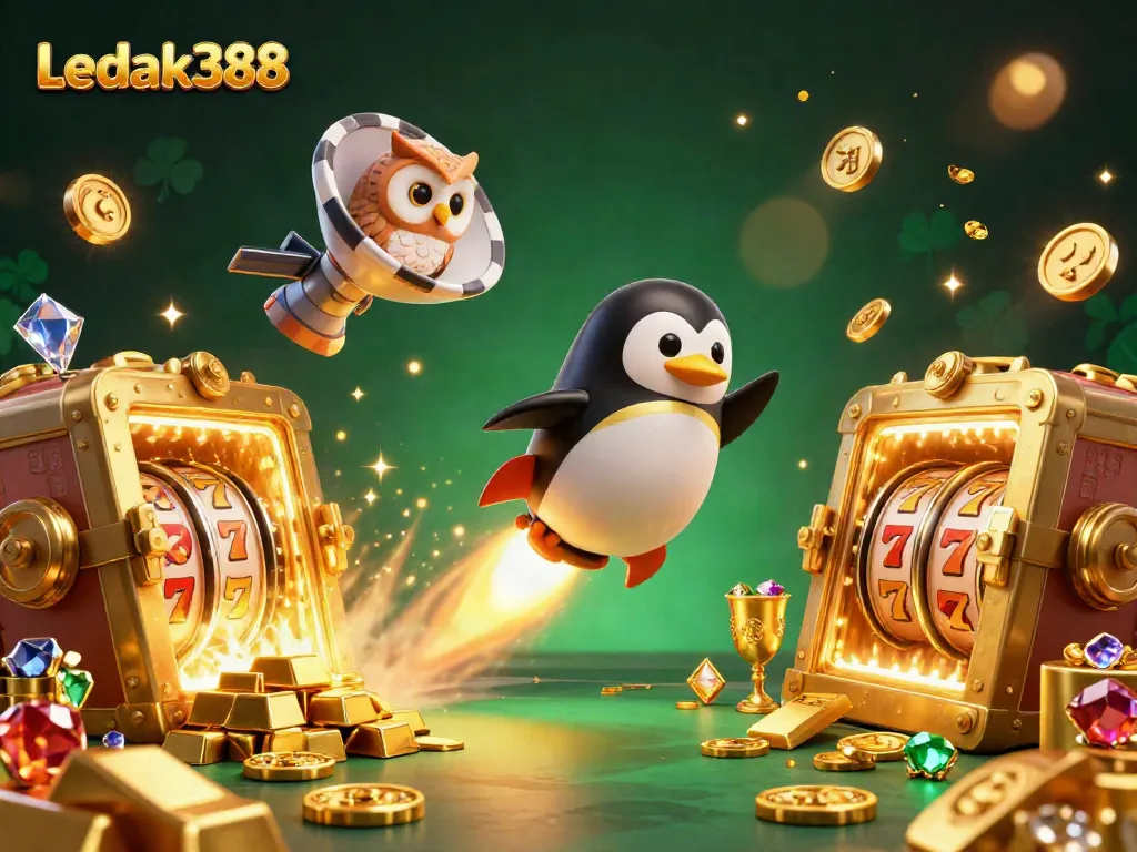 Experience thrilling gameplay with Ledak388 as the golden penguin ventures toward a casino jackpot.