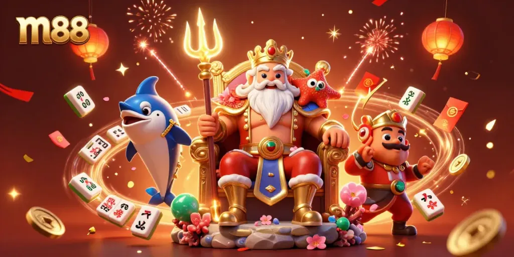 Join the excitement at m88 with vibrant casino characters enjoying a festive gambling scene filled with slot reels.