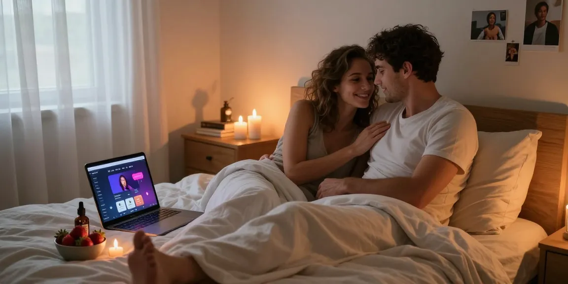 Couple engaging with sex ai application in romantic bedroom atmosphere, showcasing intimacy and connection.
