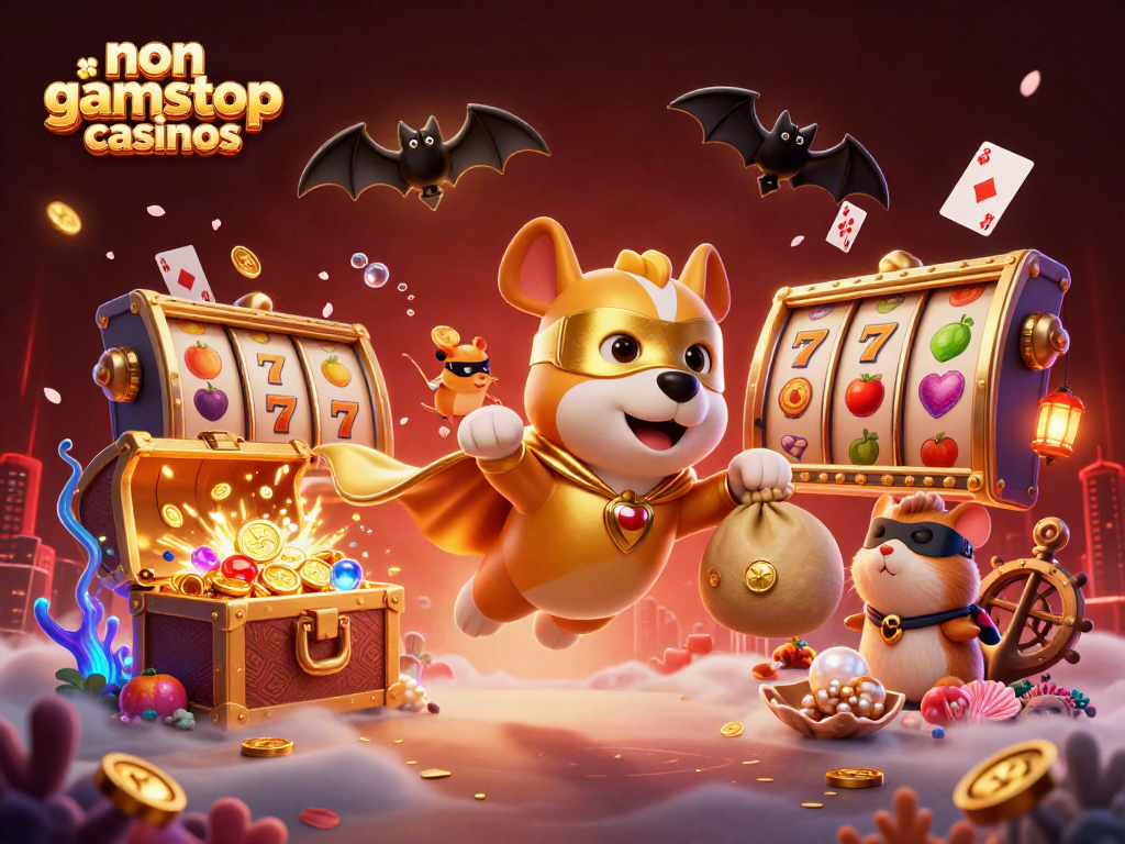 Explore non gamstop casinos with a dynamic, vibrant 3D illustration of a superhero dog and sidekick amid slot and treasure elements.