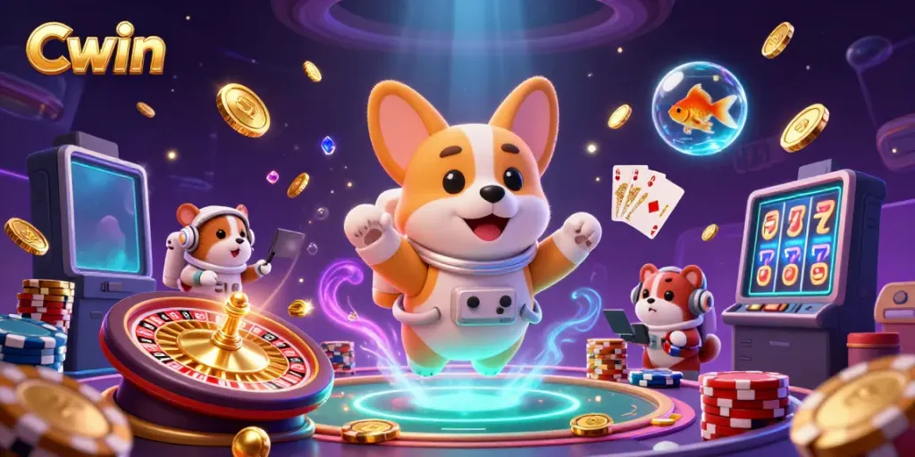 Experience the vibrant energy of Cwin gaming with floating characters and casino elements in action.