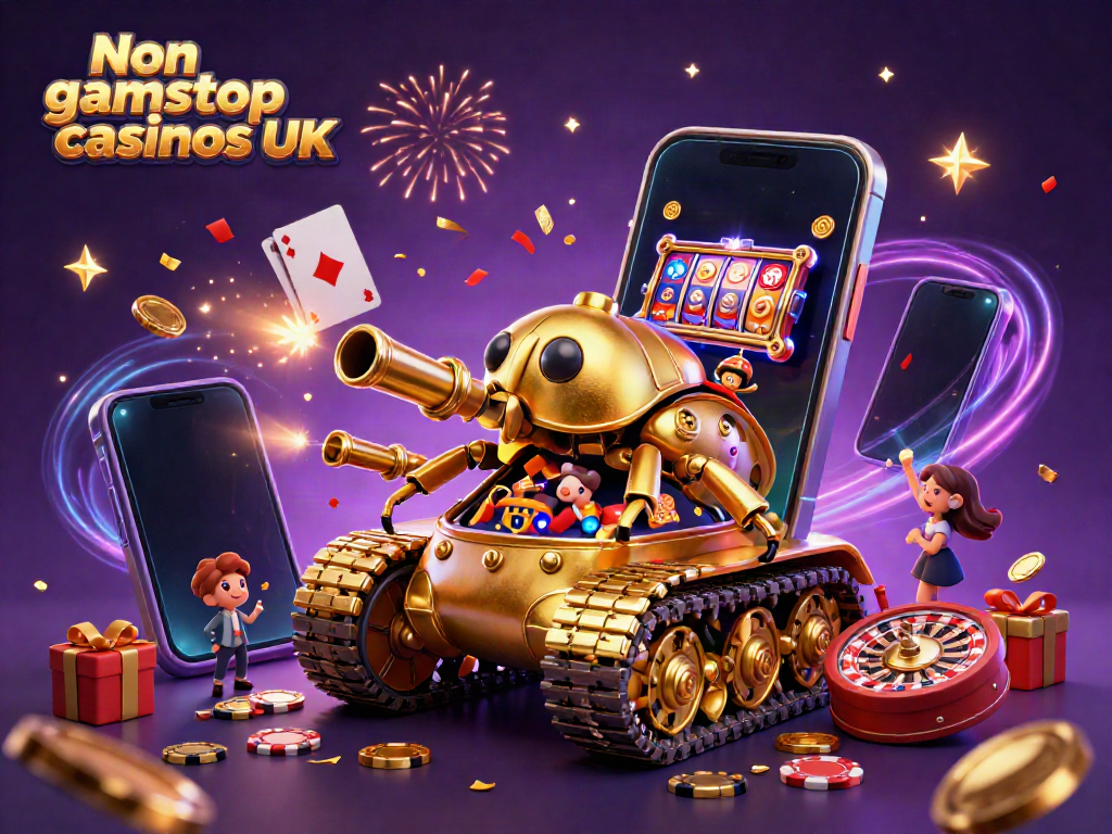 Experience excitement at Non gamstop casinos UK with a vibrant 3D scene of a golden beetle tank casino.