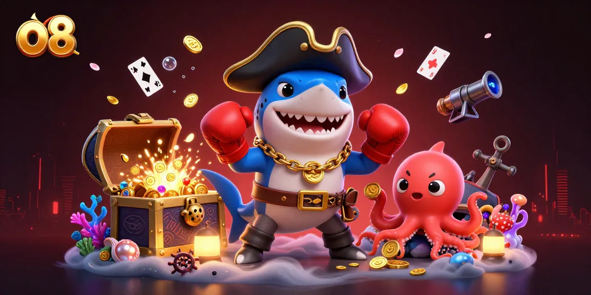 Engage with exciting slots at o8 featuring a pirate shark, pufferfish, and octopus, set in a vibrant casino world.