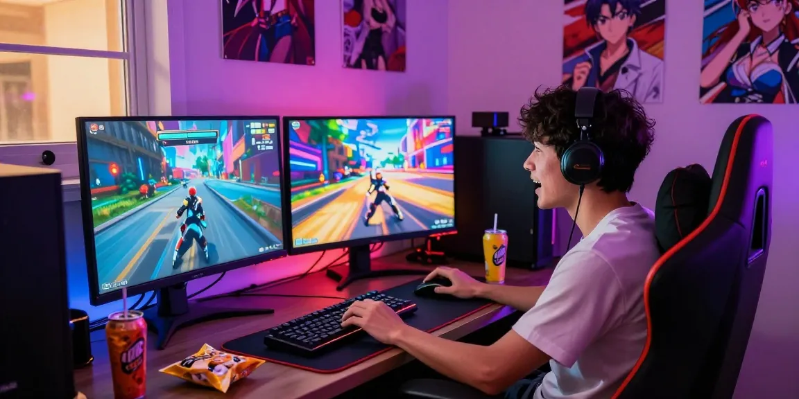 Playing a thrilling hentai game in a vibrant gaming lounge with LED lights and anime decor.