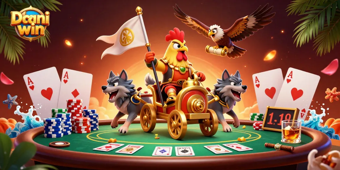 Dhani win gaming illustration showcasing cartoon rooster warlord in a vibrant casino setting.