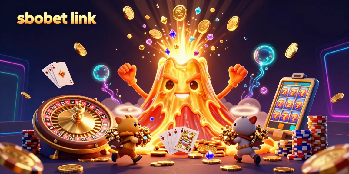 Bet on sbobet link with vibrant 3D illustration of golden volcano erupting in treasures.