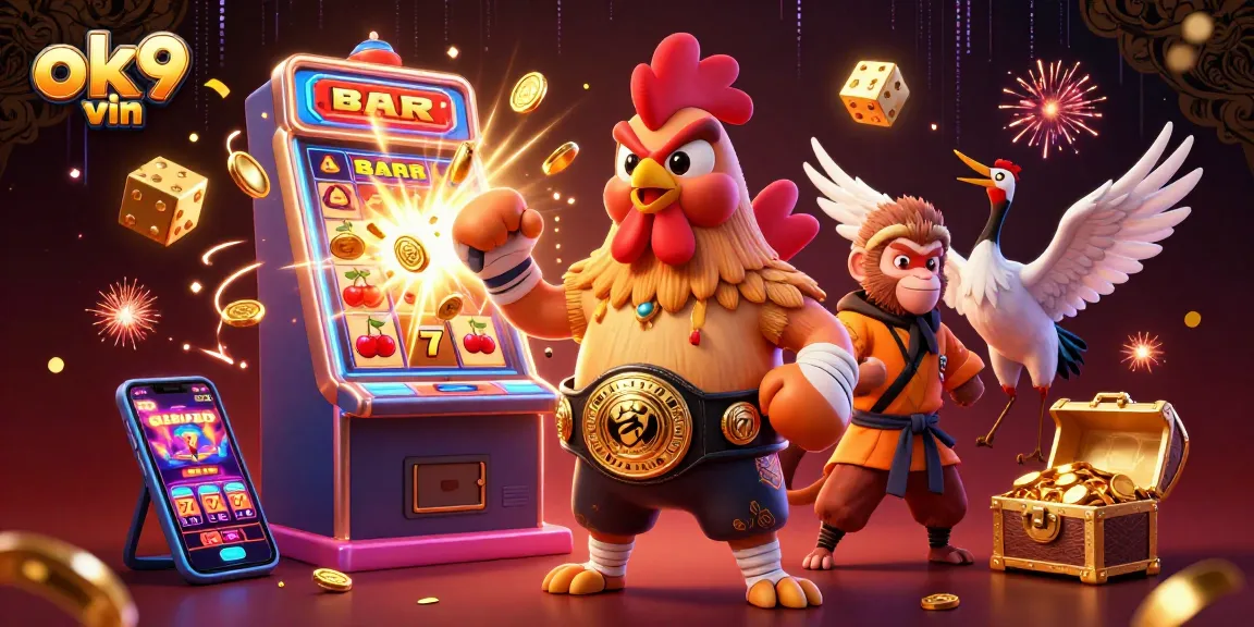 Engage in thrilling action with ok9 vin as a Muay Thai rooster and Shaolin monkey in a vibrant casino scene.