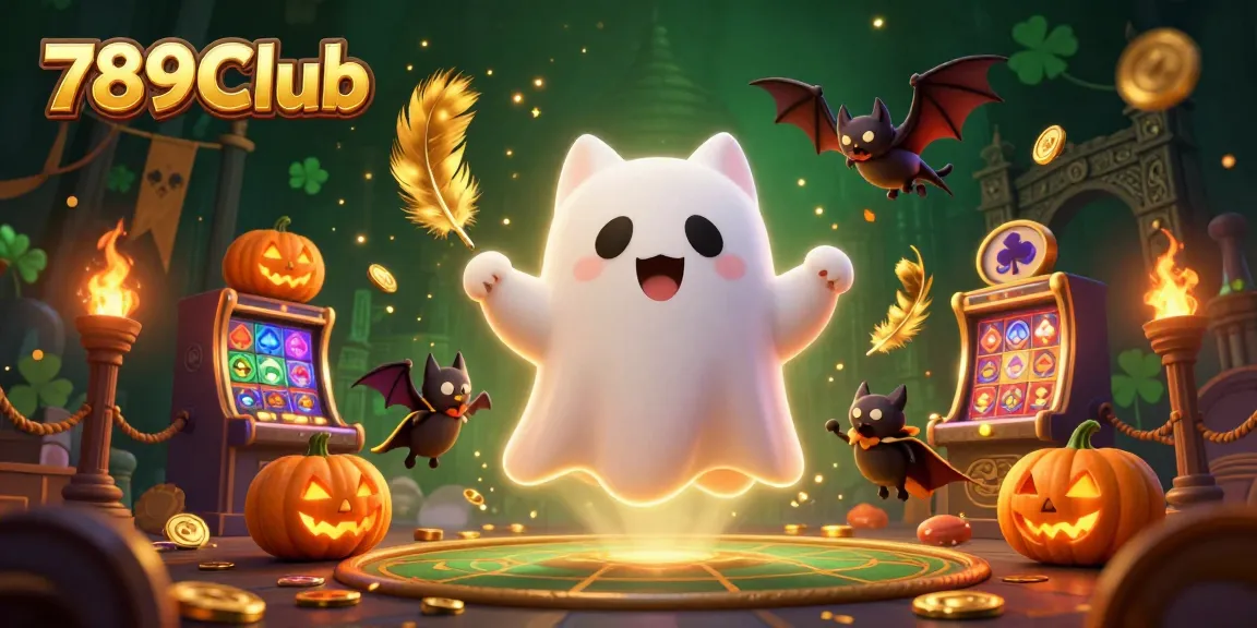 Play exciting games at 789Club, featuring a ghost cat and a vampire bat in a haunted casino scene.