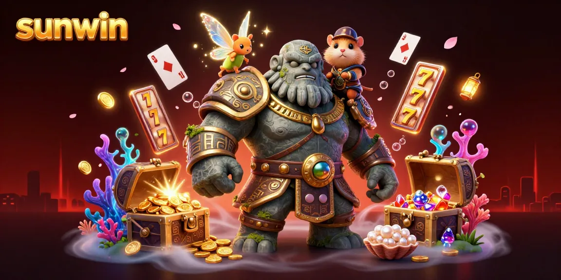 Experience the magic of sunwin with an enchanting golem and fairy in a vibrant casino scene.