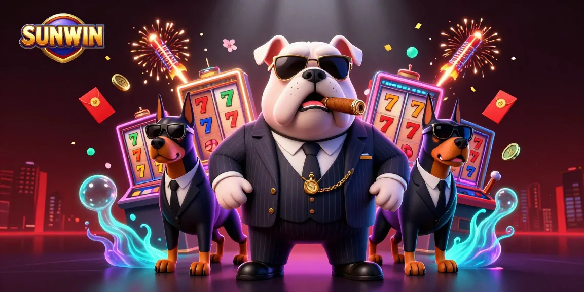SUNWIN showcases a dynamic 3D scene with a mafia bulldog and bodyguard Dobermans celebrating gaming wins in an online casino