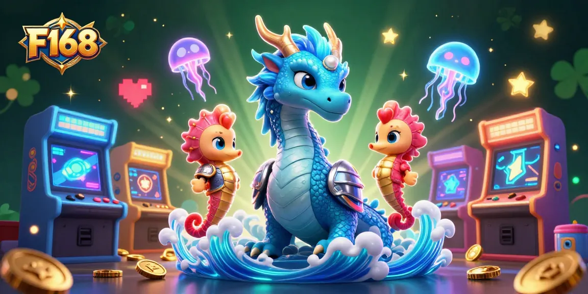 F168 showcases a vibrant underwater theme with a mesmerizing azure dragon and neon jellyfish amidst arcade gaming glory.